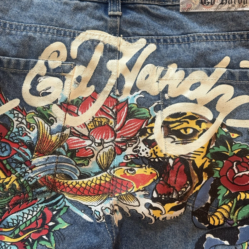 Ed Hardy Womens 30 Baggy Jeans Denim Painted Tattoo Graphic Tiger Koi Snake Y2K - Picture 11 of 16